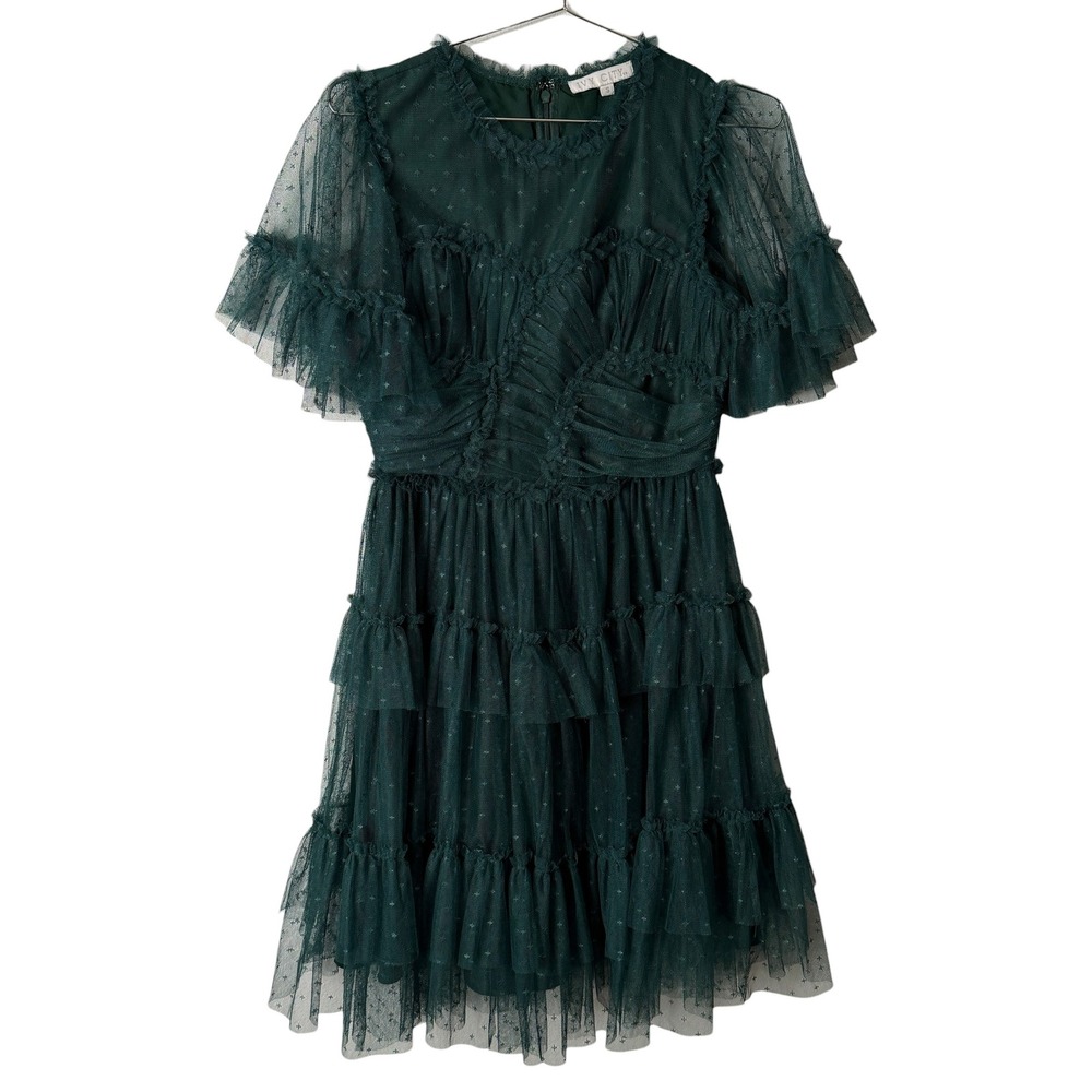 Ivy City Co Short Mini Whimsical Dress Emerald Green Tiered Lace Ruffle Small - Picture 4 of 11